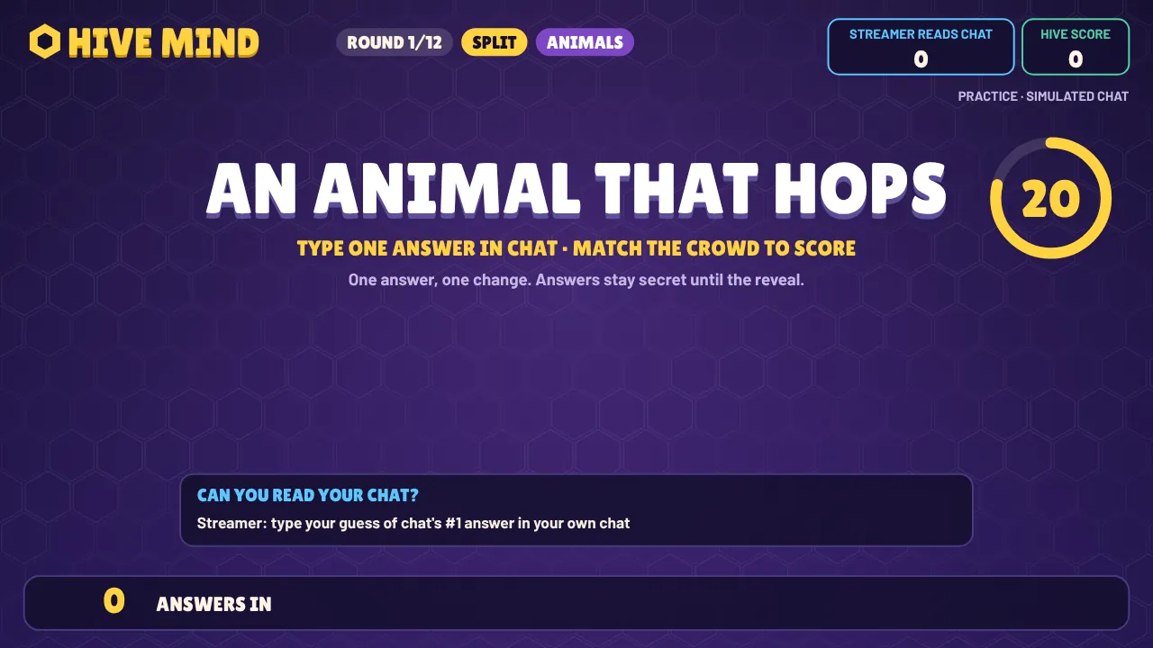 A HIVE MIND round with simulated chat: the prompt An animal that hops, a 20-second timer, a reminder for the streamer to guess chat’s number one answer, and a count of answers in.