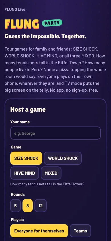 The FLUNG Party page on a phone: a Host a game form with a name box, four game buttons (SIZE SHOCK, WORLD SHOCK, HIVE MIND, MIXED), round choices 5, 8 or 12, and Everyone for themselves or Teams.