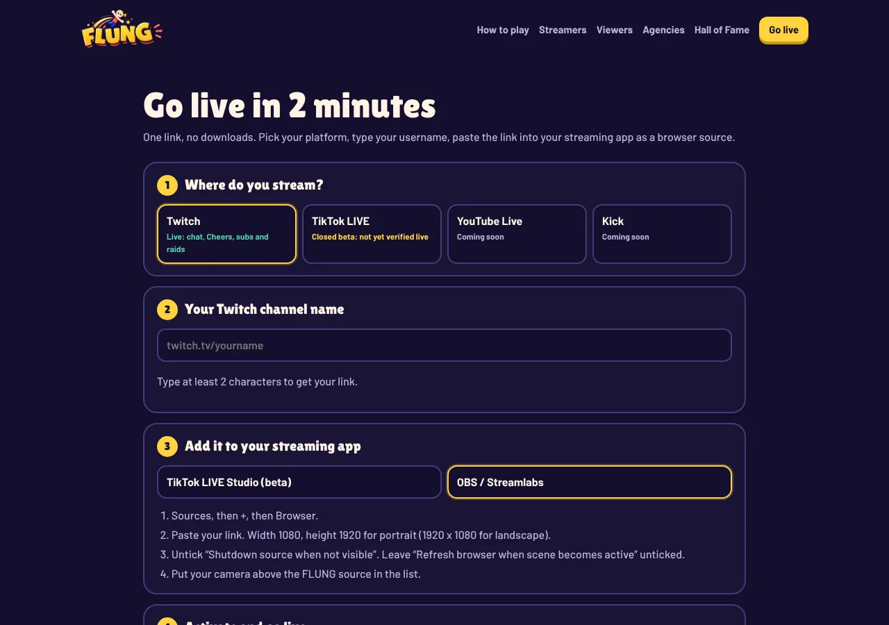 The FLUNG Live set-up page: step 1 pick where you stream with Twitch live, step 2 type your channel name, step 3 add it to your streaming app with OBS instructions for the browser source.