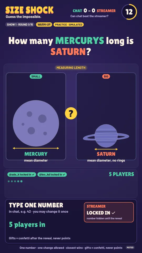 SIZE SHOCK in its portrait layout: the question how many Mercurys long is Saturn, the two planets side by side, and the chat and streamer panels stacked underneath.