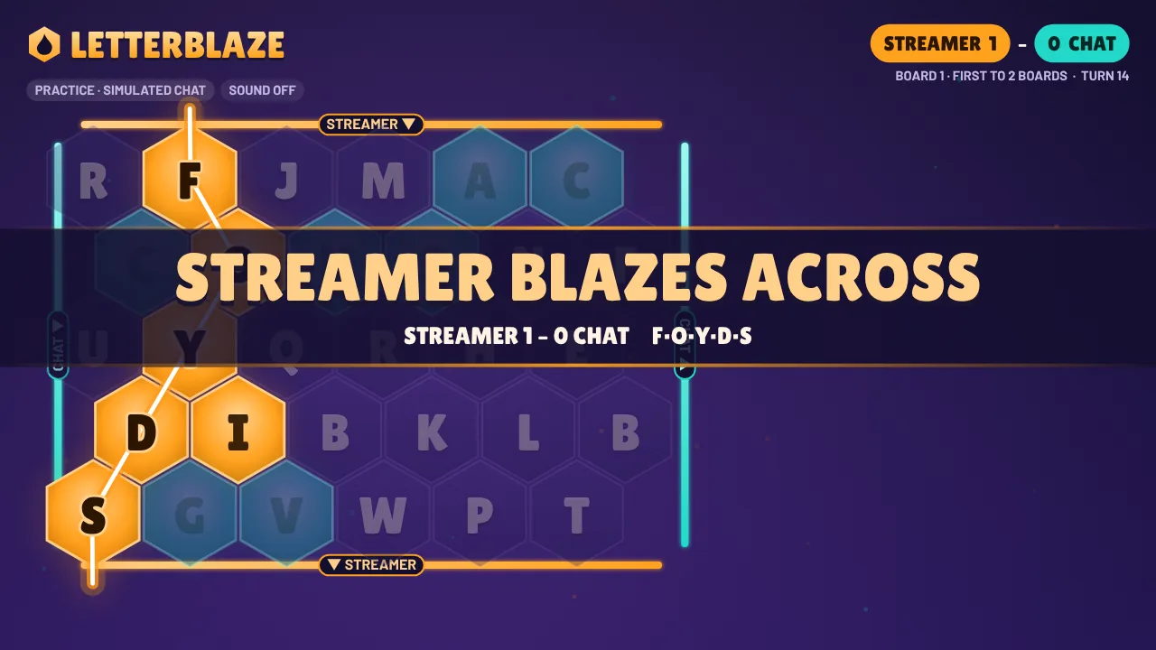 LETTERBLAZE: a honeycomb of letter cells lit amber for the streamer and teal for chat, with a connected path blazing across the board.