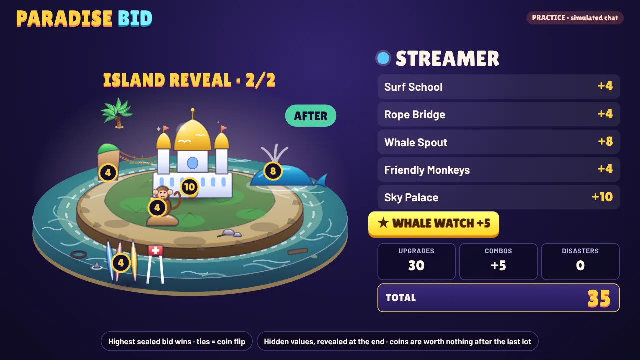 PARADISE BID: the streamer’s island and chat’s island side by side, rebuilt from ruins with beaches, palms and landmarks won at auction.