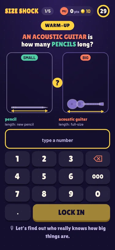 A FLUNG Party question on a phone: an acoustic guitar is how many pencils long, with both drawn in matching boxes, a number keypad and a LOCK IN button.